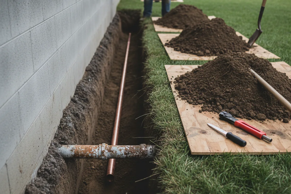 Excavated water line trench during Water Softener Installation in Mc Farland